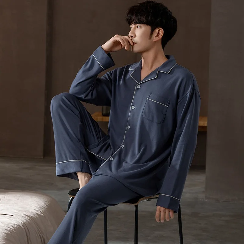 Men Sleepwear Spring Autumn Pure Cotton Long-Sleeved Casual Large Size Homewear Suit Teenagers Cardigan Thin Simple Pajamas Set