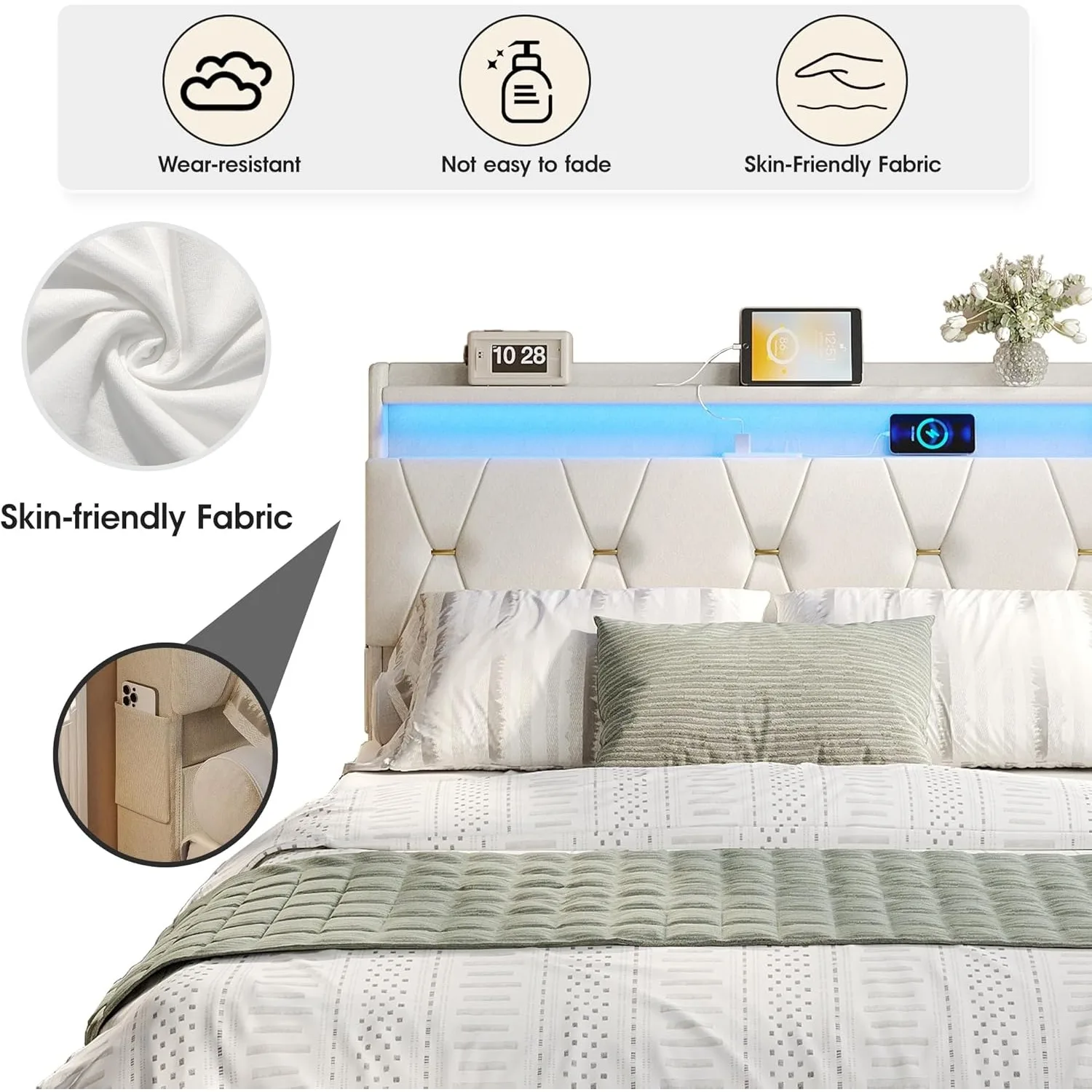 Queen Size Lift Up Bed Frame, Storage Headboard with Charging Station, LED Lights Upholstered Platform Bed, No Box Spring Needed 6