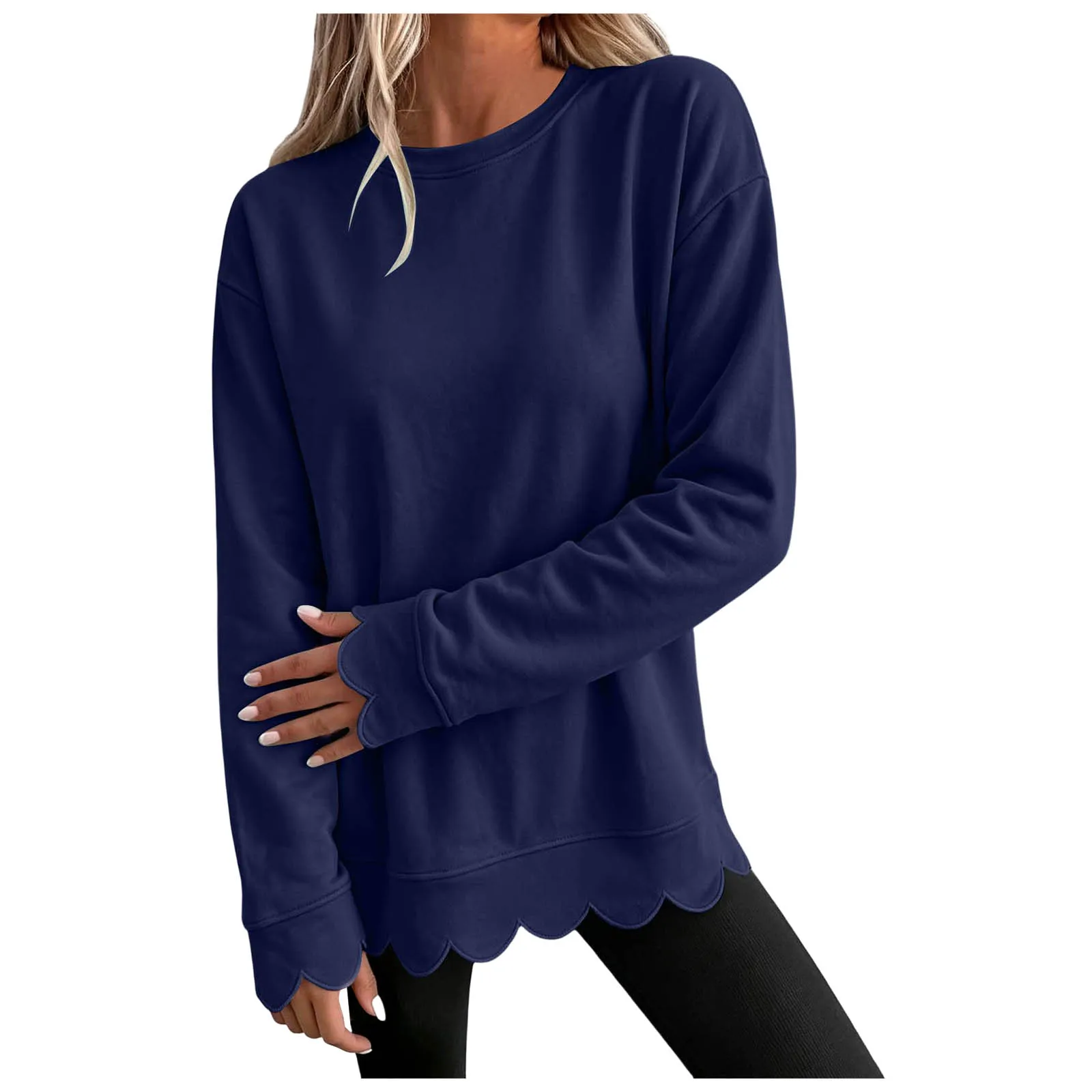 Womens Oversized Crewneck Sweatshirts Scalloped Casual Pullover Tops Sweatshirt Womens