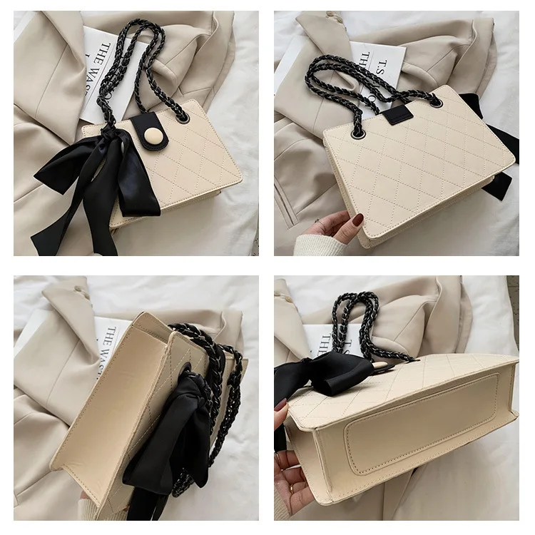 Elegant Square Shoulder Bag For Women With Chain Strap And Ribbons_voghion.com