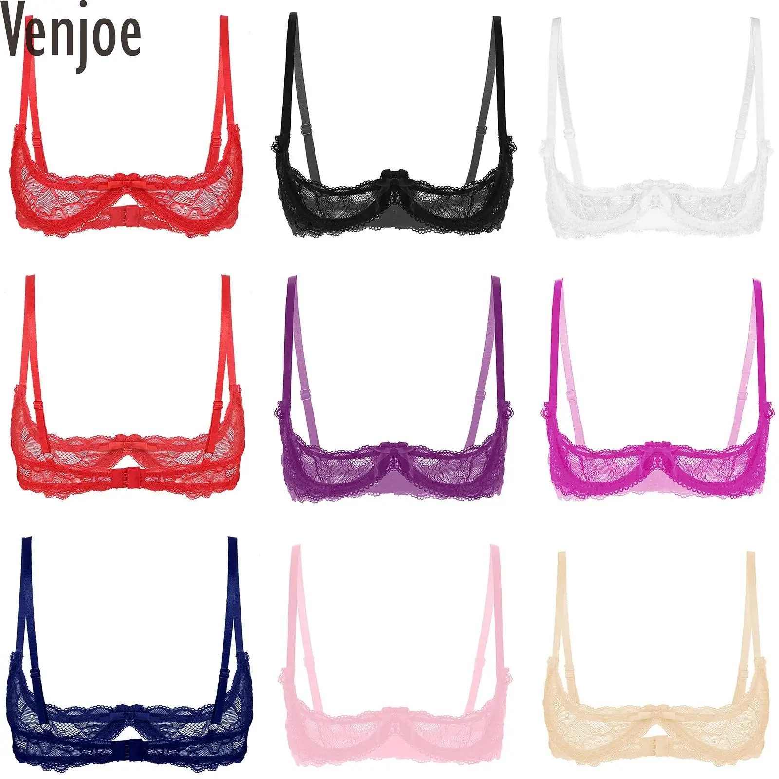 Women Bra Erotic Lingerie See Through Sheer Lace Push Up 1/4 Cups Underwired