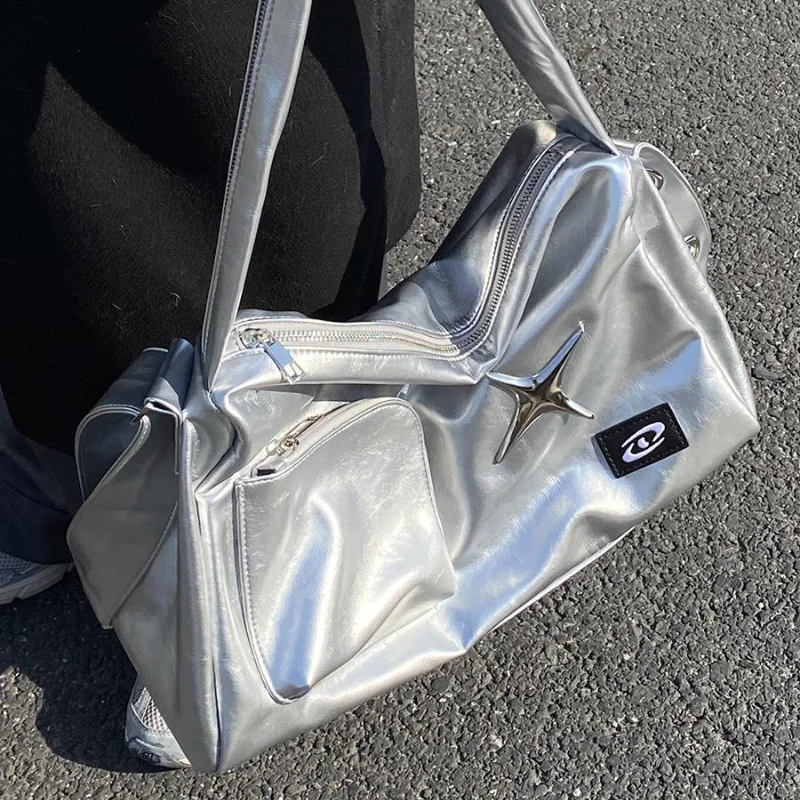 

Silver Y2k Tote Bags for Women Aesthetic Luxury Designer Large Capacity Shoulder Bag Commuter Pu Leather Shopper Handbag