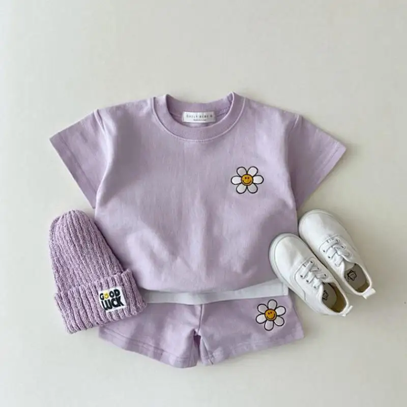 

Spring Summer New Baby Flower Clothes Set Children's Short Sleeve Sweatshirt Set Boys Candy Color T Shirt Set Kids Shorts Suit