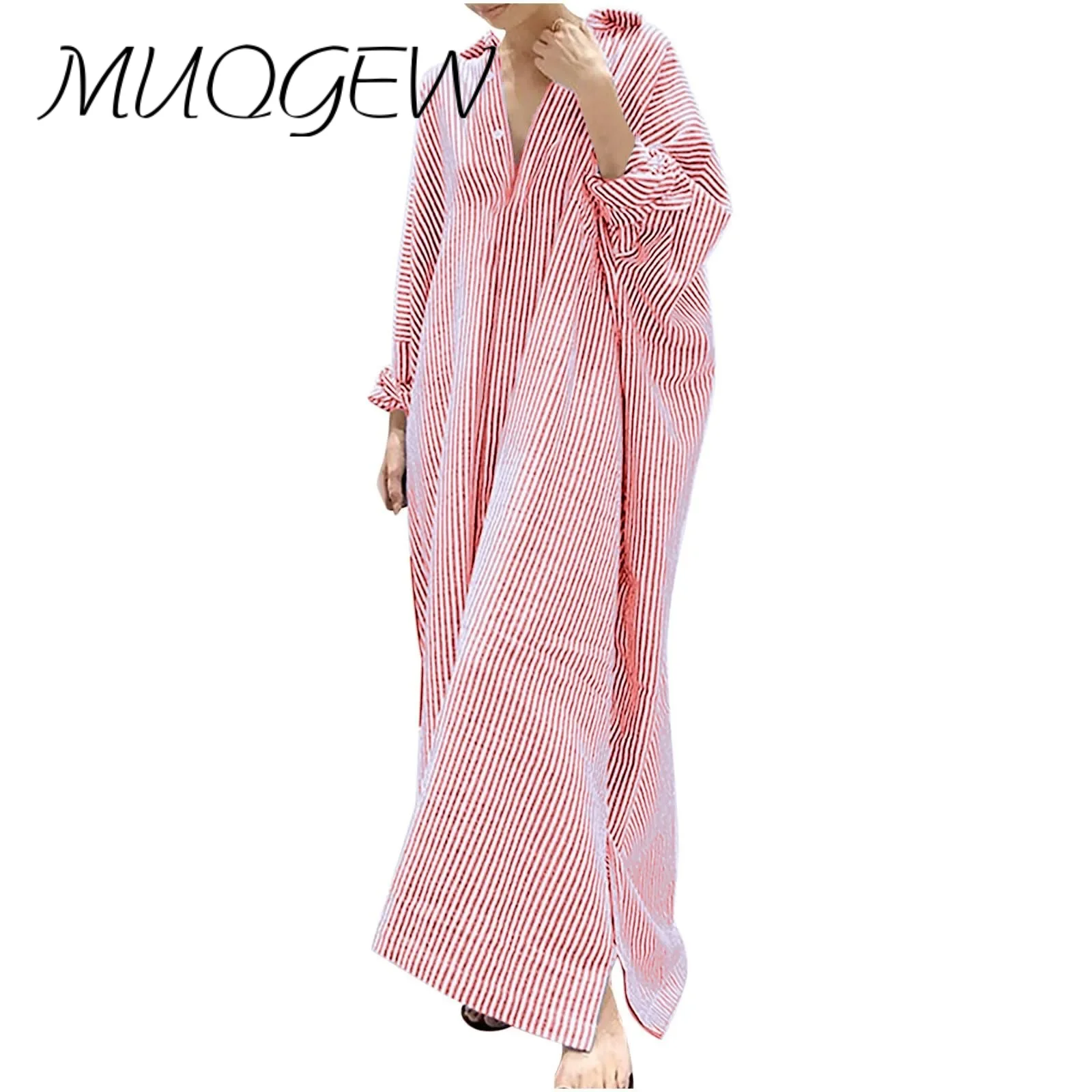 

Women'S Dress Loose Casual Cotton Linen Stripe Printed Lapel Cardigan Long Dress Straight Temperament Irregular Shirt Dress