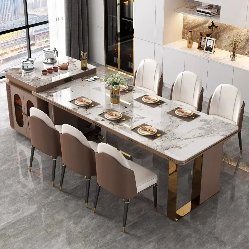 Italian style light luxury rock slab island table integrated dining table with expandable and multifunctional rectangular guide