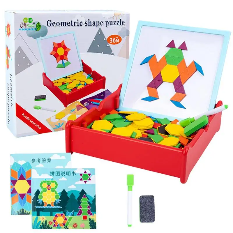 

Wooden Pattern Blocks Geometric Shape Jigsaw Puzzle Baby Educational Montessori Tangram Toys For Kids