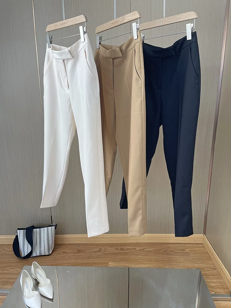 

New 2022 Micro Stretch Women's Suit Pants Casual Solid Color Zipper Ankle-Length Trousers