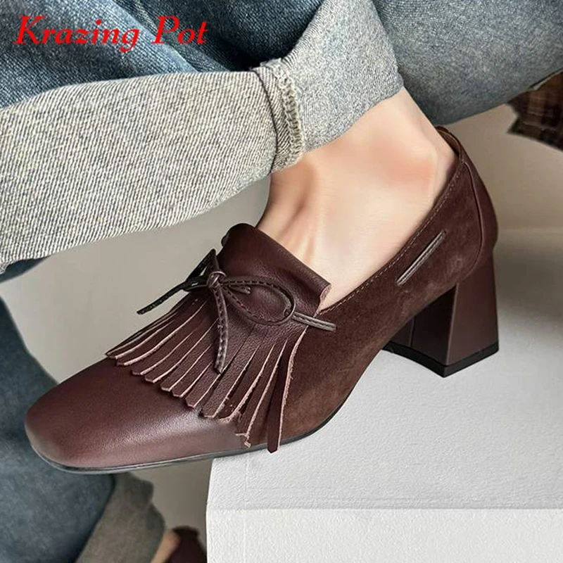 

Krazing Pot Cow Leather Thick Med Heels Spring Brand Shoes Slip On British School Tassel Fringe Retro Style Gorgeous Women Pumps