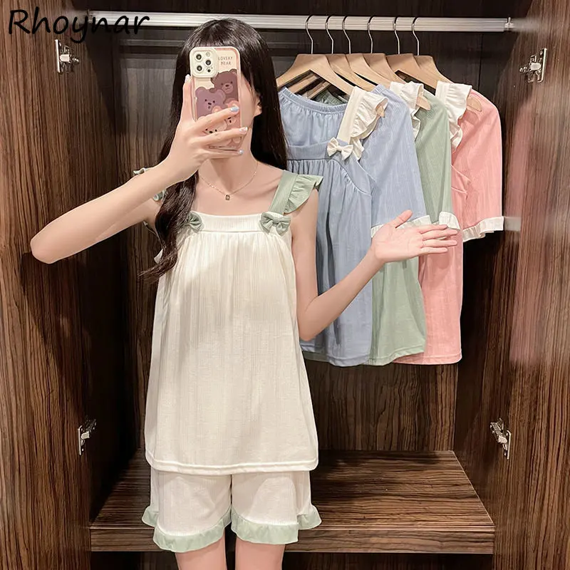 

Pajama Two Piece Sets Women Sleeveless Sweet Girlish Panelled Ruffles Kawaii Home Kpop Fashion Summer Soft Sleepwear Clothing