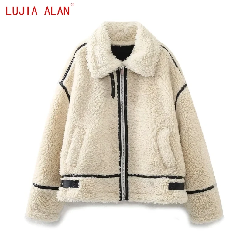 

Зимнее Новое Женское пальто из искусственного меха с отложным воротником, женские повседневные свободные топы с длинным рукавом, LUJIA ALAN C2139