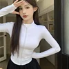 2025 New Slim Fit Long Sleeve T Shirt Women Wild Zipper Up Waist Slimming Yoga Tshirt Woman Tight Stand Collar Crop Tops Female 5