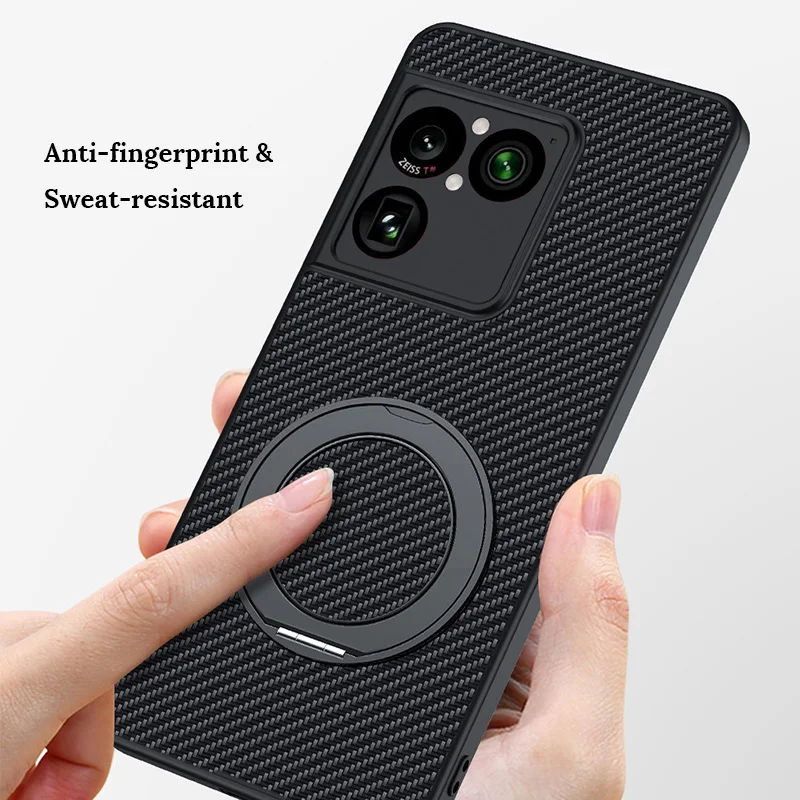 Carbon Fiber Texture Magnetic Case with 360° Rotatable Ring Kickstand - Shockproof and Anti-Slip Protective PU Leather