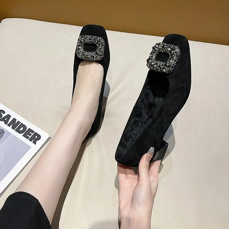 Gold Heels Slip On Velvet Shoes Women Square Toe Chunky Sandals 2024 Footwear Branded Pumps Lace-Up Slip-On Block Crystal Casual