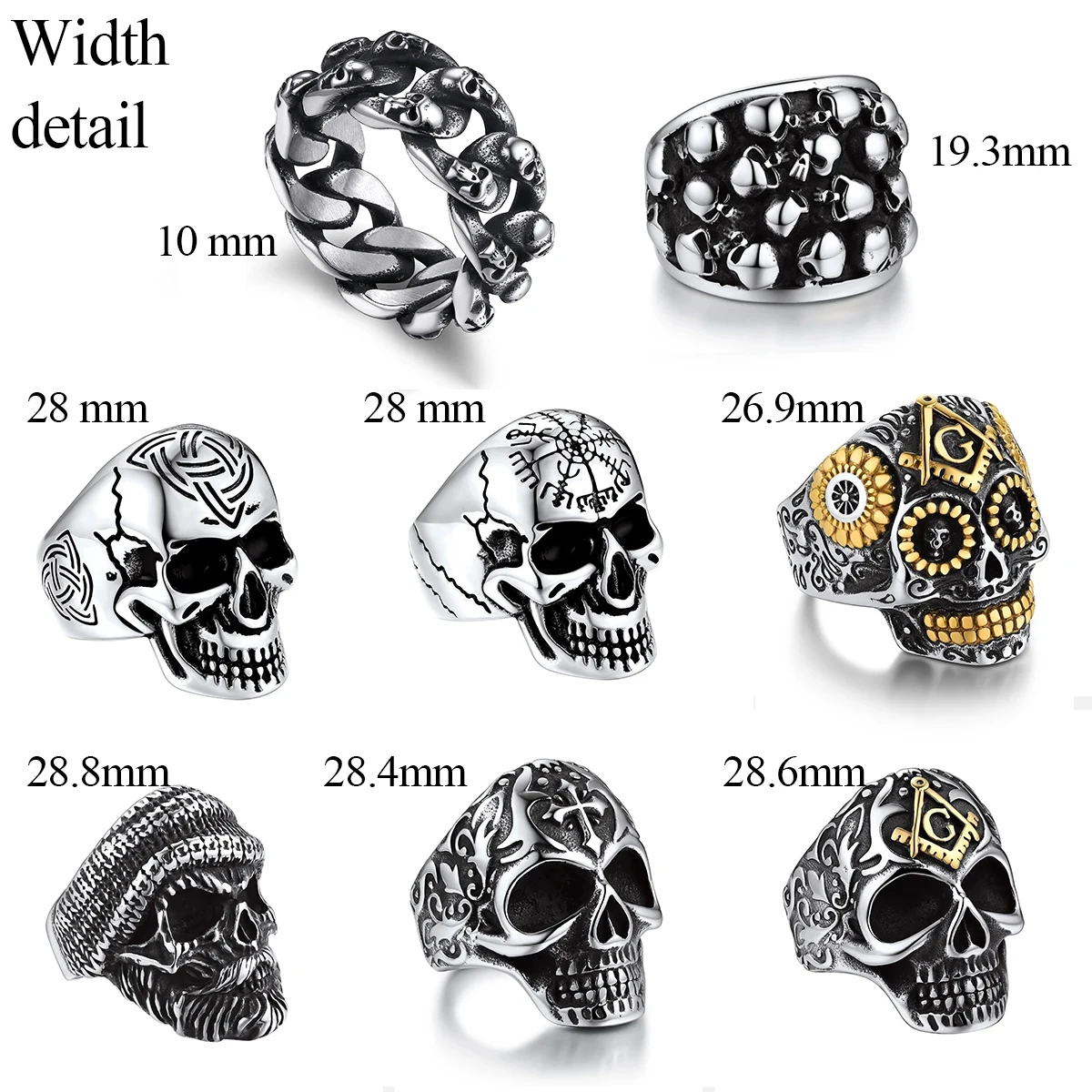 U7 Stainless Steel Big Skull Rings for Man Woman Size 7-14 Cross 3D Skeleton Cuban Chain Celtic Knot Pattern Gothic Punk Jewelry 6