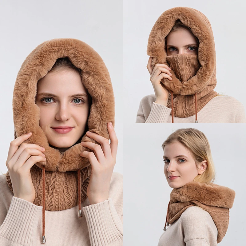 

Fur Cap Mask Set Hooded for Women Knitted Cashmere Neck Warm Russia Outdoor Ski Windproof Hat Thick Plush Fluffy Beanies Winter