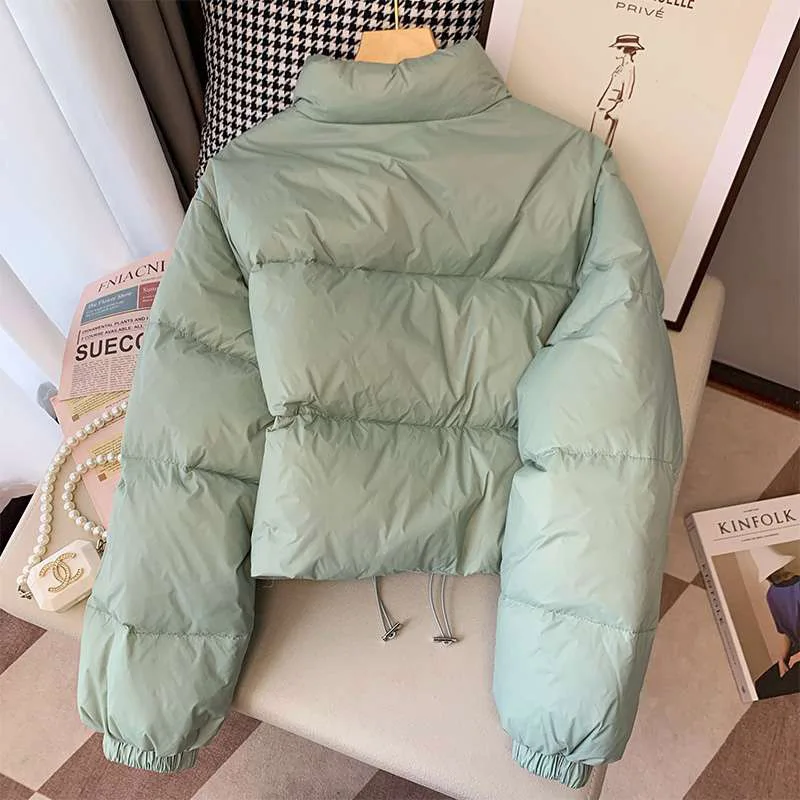 New Winter Draw String Korean Version White Duck Down Jacket Women Short Fashion Half High Collar Loose Down Coat Tide Winter