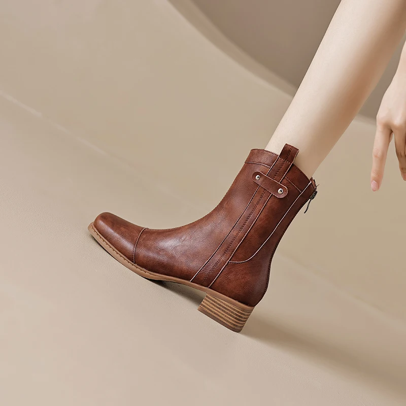 

2023 Autumn winter women ankle boots natural leather plus size 22-25.5cm cowhide+pigskin modern boots back zipper Western Boots