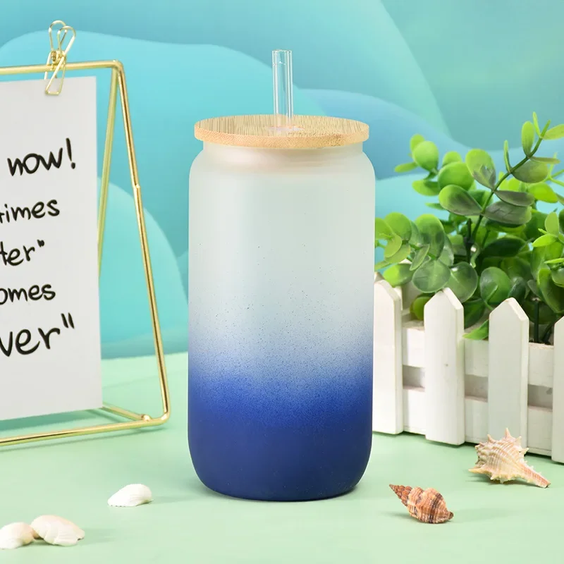 Sublimation Blank Straight Glass Tumbler Gradient Color 17oz Coffee Mug Juice Beer Wine Tumblers Frosted Cup with Bamboo Lid