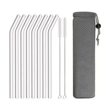 8mm High Borosilicate Glass Straw 3/5/10/11Pcs Reusable Eco Friendly Drinking Straws Set Bubble Tea Smoothies Bar Accessories