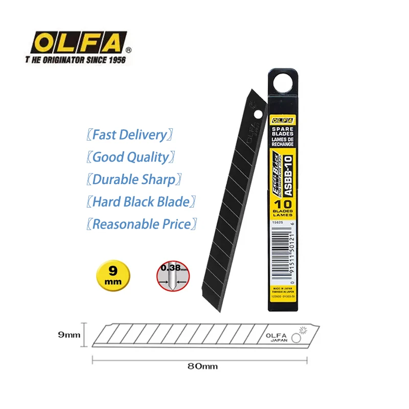 

Made in Japan, Olfa ASBB-10 10 pieces black alloy steel double sharp stationery knife blade 9mm thickness 0.38mm durable carving blade suitable for standard 9mm small art knives