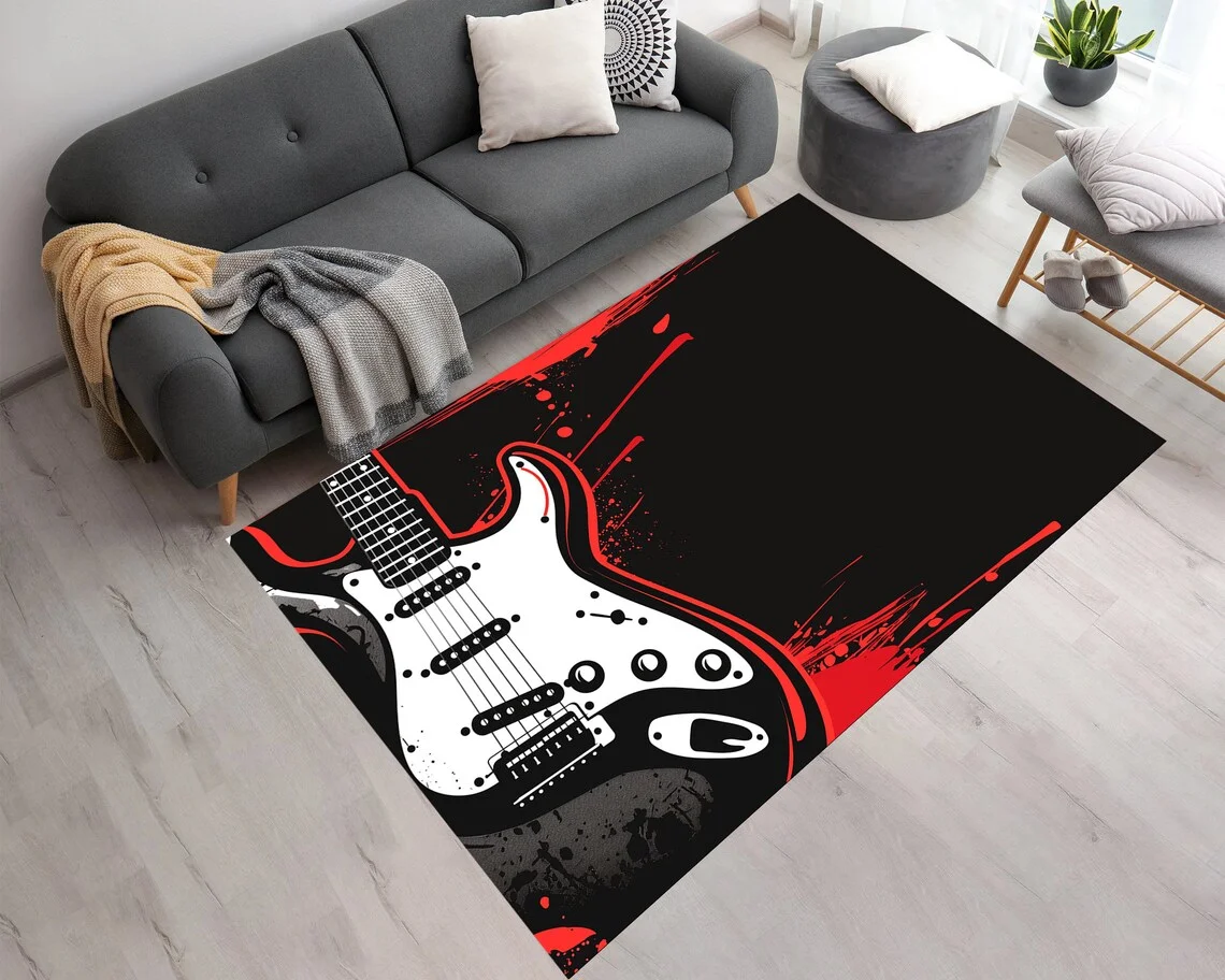 คนรักดนตรี'เรโทร กีตาร์ ดนตรี ธีม สไตล์ สตูดิโอ พรม ห้องนั่งเล่น ห้องนอน ตกแต่งบ้าน ดูแลง่าย 1