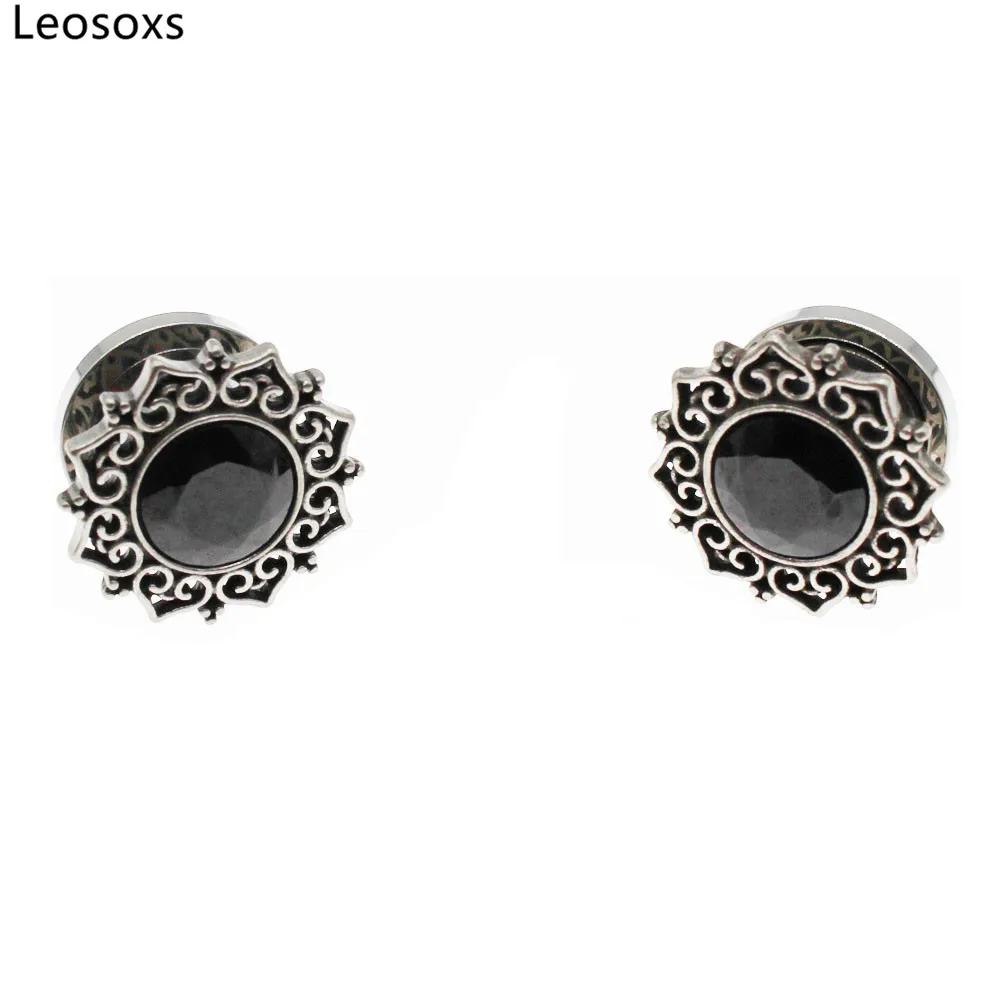 

Leosoxs 1 Pair Zircon Vintage Flower Stainless Steel Ear Plugs and Tunnels Ear Screw Gauges Expanders 6-16mm