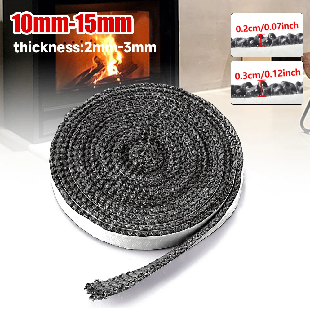 Fireplace Sealing Rope 10/15mm Wood Burning Stove Door Self-Adhesive Fiberglass Sealing Cord Replacement Black Gasket Tape