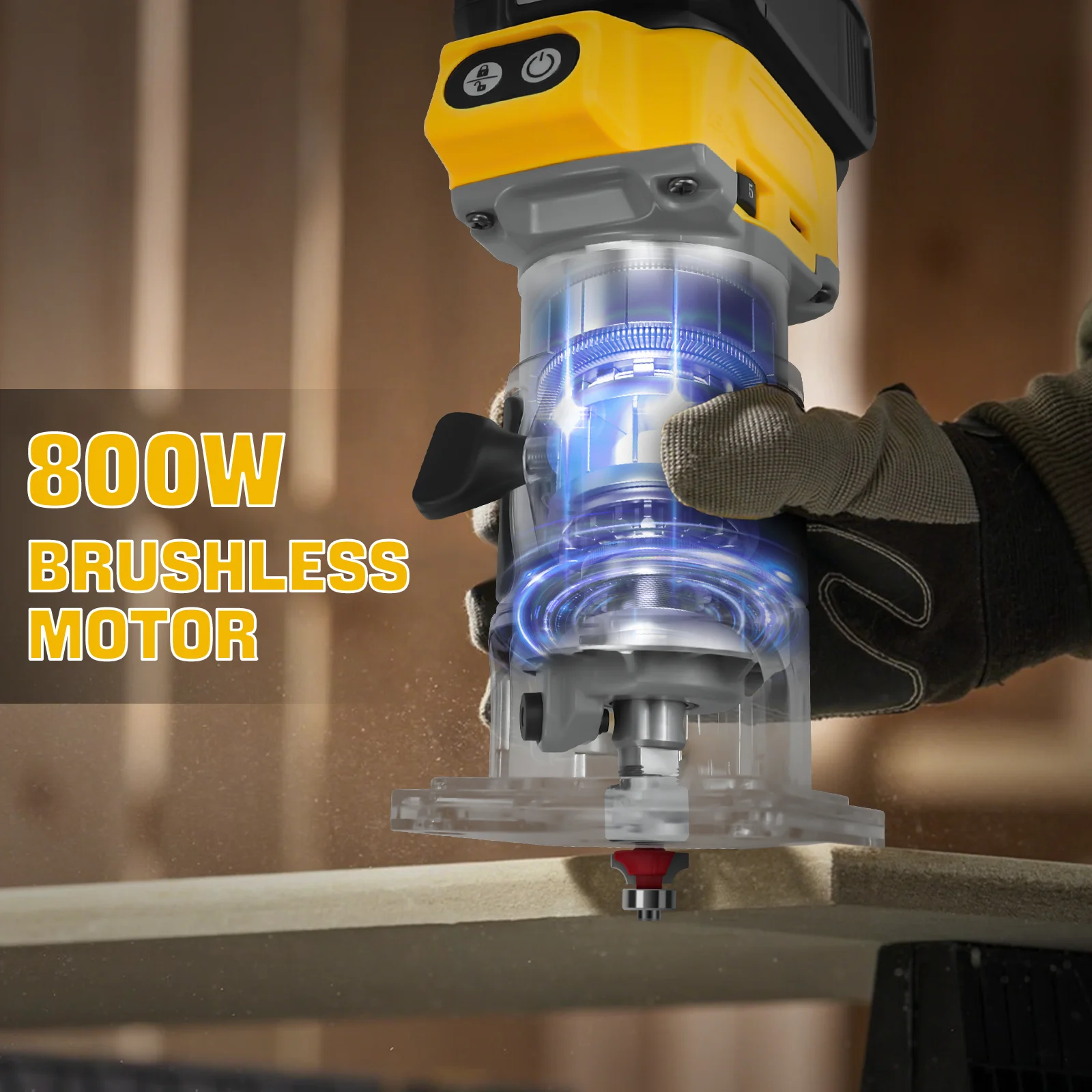 800W Brushless Electric Trimmer Woodworking Trimming Machine 5 Variable Speeds Wood Router for Dewalt 20V Battery (No Battery)