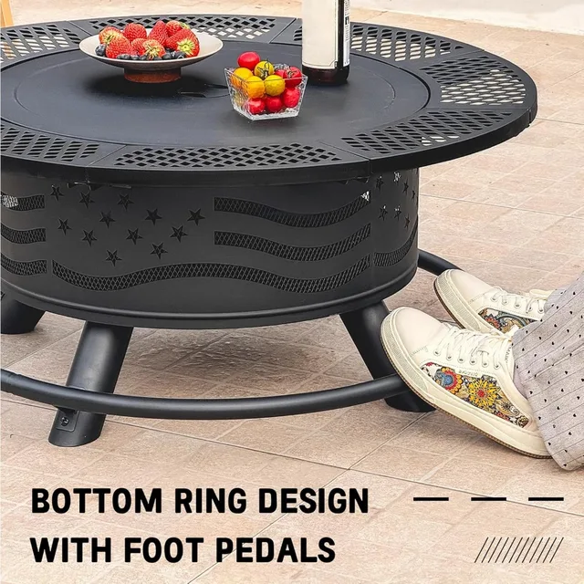 36 Inch Outdoor Fire Pit with 2 Cooking Grates, Wood Burning BBQ Grill Bowl and Cover for Backyard Patio 5