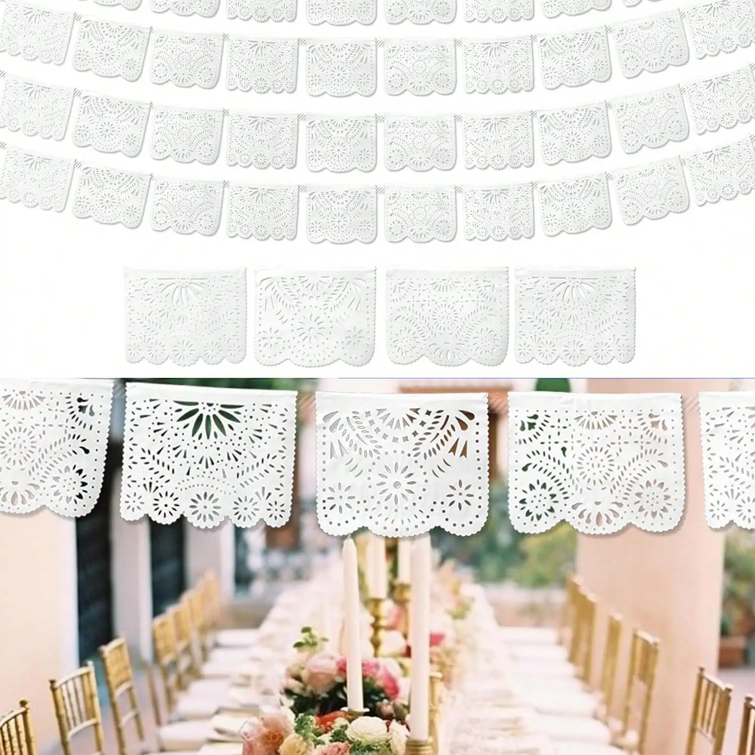 Authentic White Papel Picado Banner for Mexican Fiesta Wedding Decor Dia de Muertos&Corporate Events