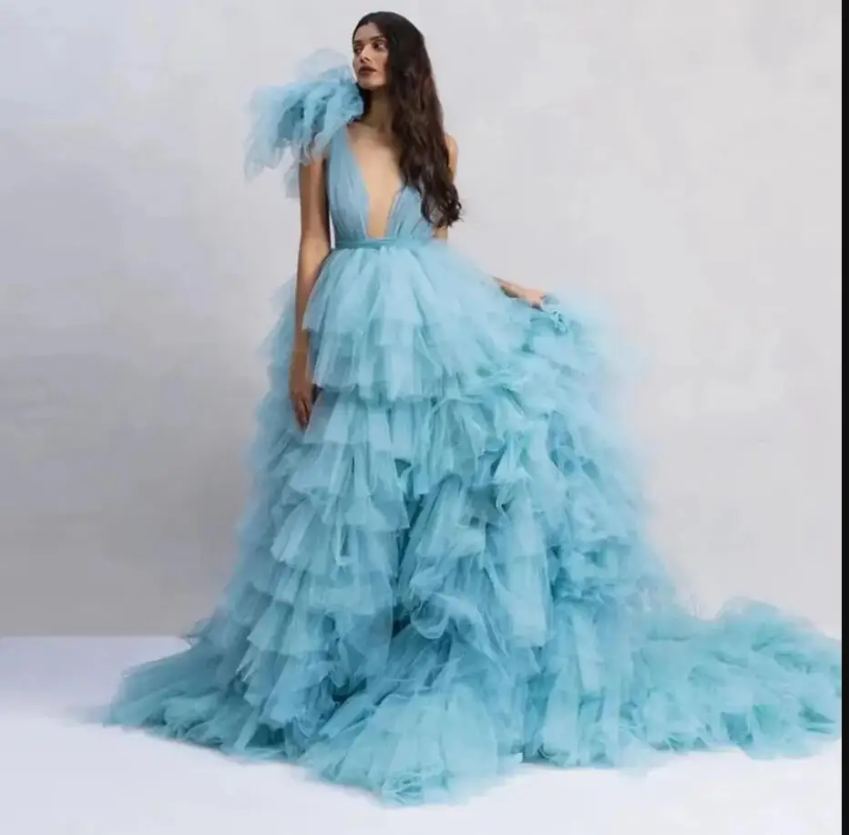 

Blue Puffy Tulle Prom Party Dresses Deep V Neck Backless Layered Mesh Bridal Photoshoot Dress Dream Wedding Gown Dress custom