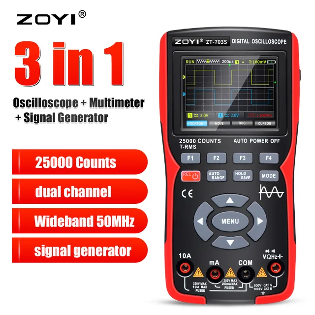 ZT-703S 디지털 오실로스코프 멀티미터 테스터, 듀얼 채널, 50MHz 대역폭 샘플링 레이트, 200/280Msa/s 휴대용 신호 발생기