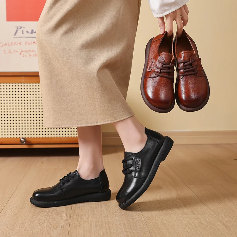 2026년 신상 천연 소가죽 플랫 여성 레이스업 옥스포드 슈즈 여성 봄 럭셔리 로퍼 여성 모카신 와이드 토 박스 슈즈