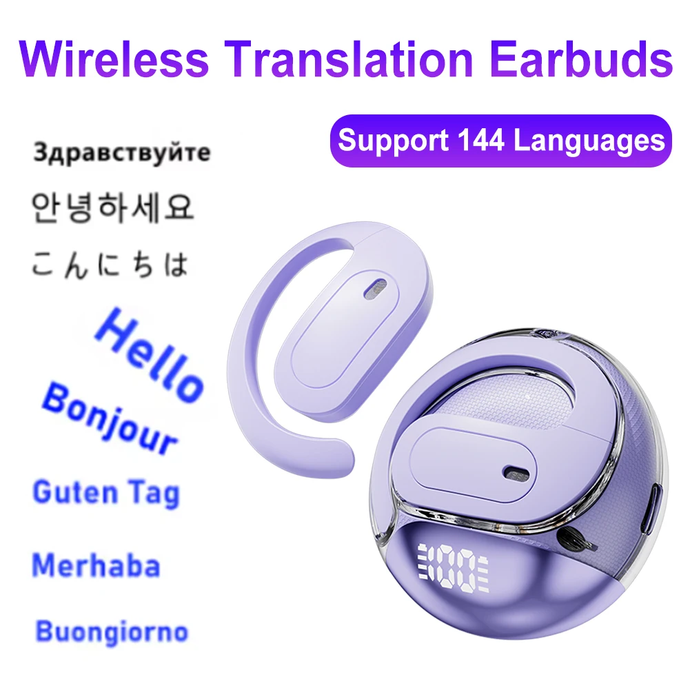 Smart Wirelesss Translator Earbuds 144 Languages Translation Earphones Bluetooth-Compatible 5.4 Ear Hook Earphones for Daily Use