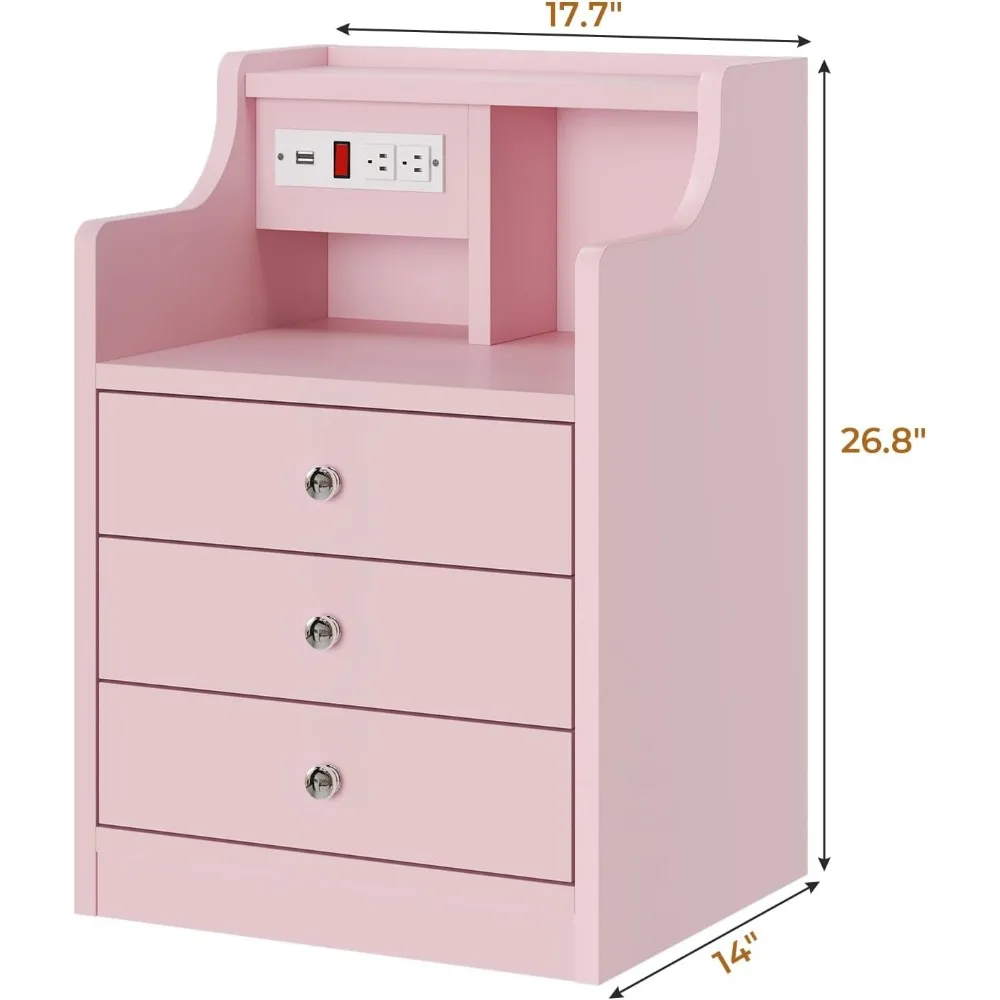 Night Stand Set 2,Pink Nightstand with Charging Station & Hutch,Night Stands for Bedrooms Set of 2,Bedside Table with Drawers
