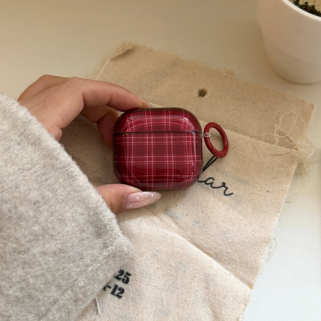 Retro Red Grid Pendant Glossy Protective Case for AirPods - Image 5