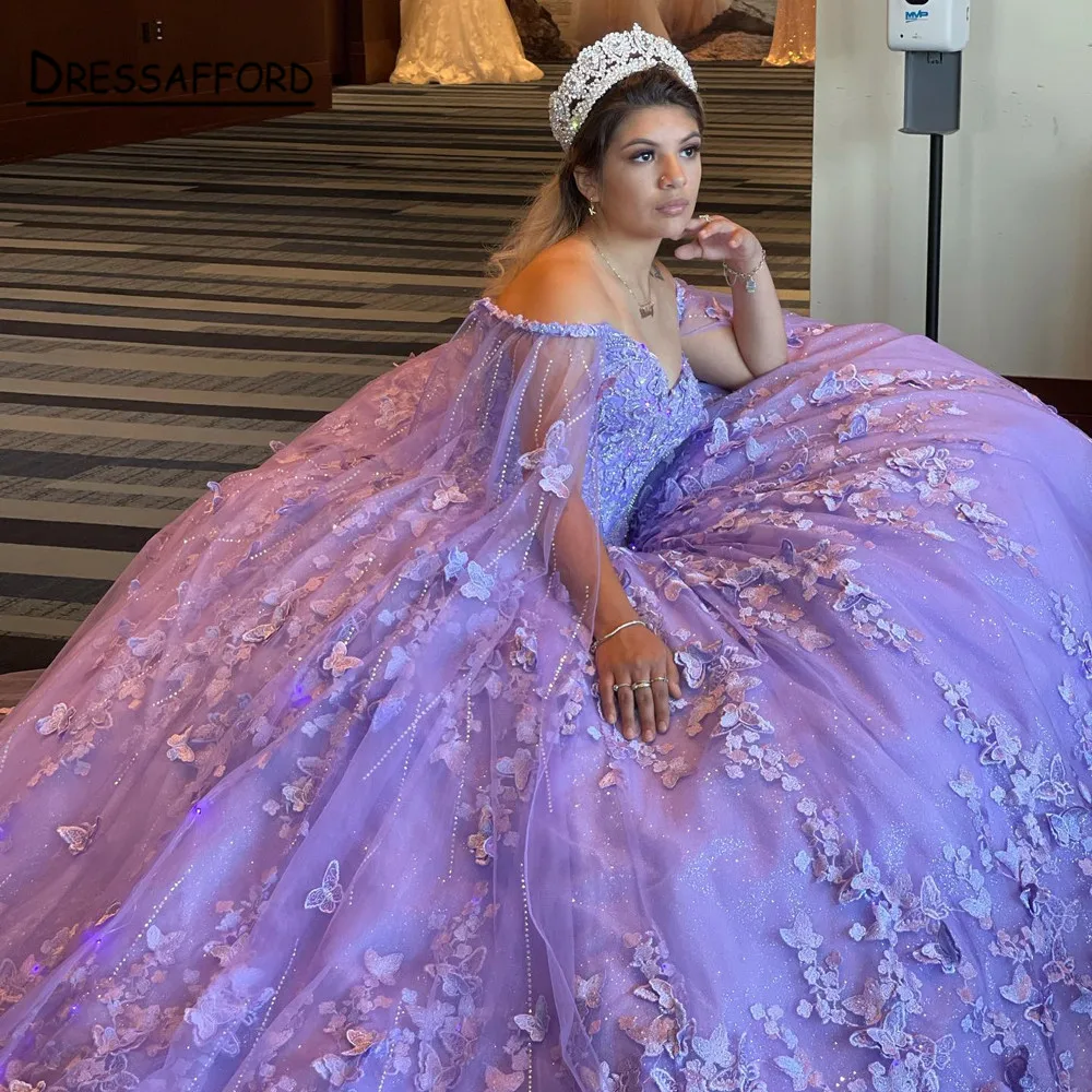 Lilac Sweet 16 Quinceanera Dress with Cape Off Shoulder Butterfly Appliques Princess Party Gown Vestidos De 15 A&ntilde;os
