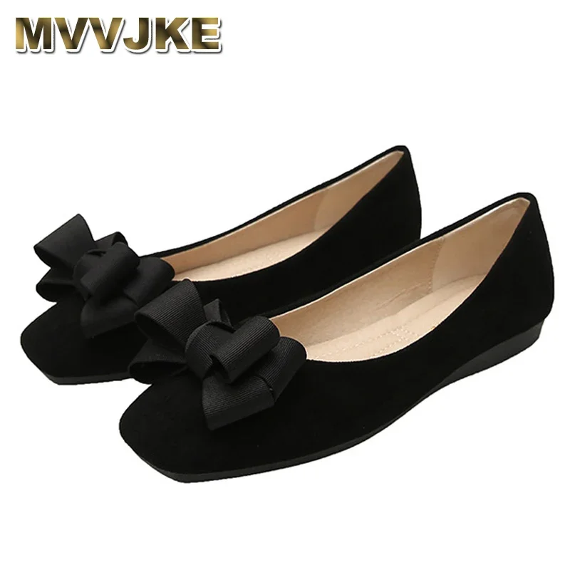 MVVJKE Flats Women Fashion Butterfly-Knot Square Toe Party Leather Ballerinas Plus Size 33-43 Shallow Ladies Flats