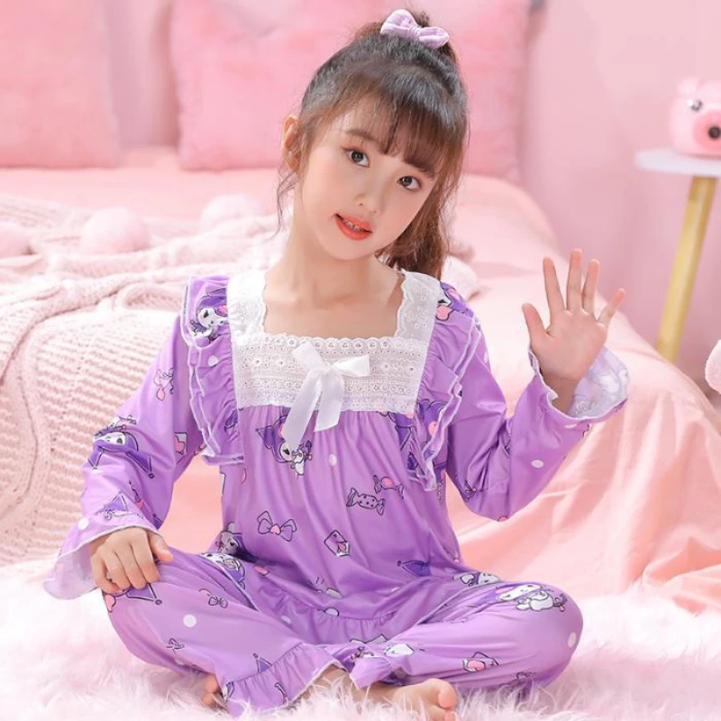 

Anime Sanrio Kuromi Cinnamoroll Children's Long-sleeved Pajamas My Melody Fall Casual Thin Section of The Girl Baby Homewear Set