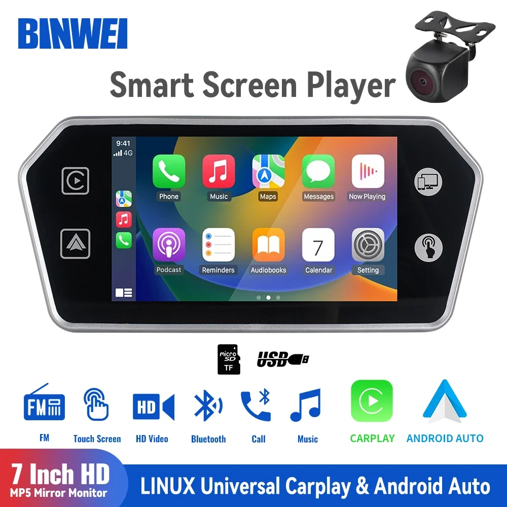 BINWEI 7 Inch Car Rear View Mirror Monitor with Camera Carplay Andriod Auto HD Video FM