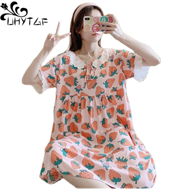 

Летняя Пижама UHYTGF, Женская хлопковая шелковая тонкая ночная рубашка с принтом, одежда для сна, Женская домашняя одежда, ночная рубашка с коротким рукавом для дам 2495