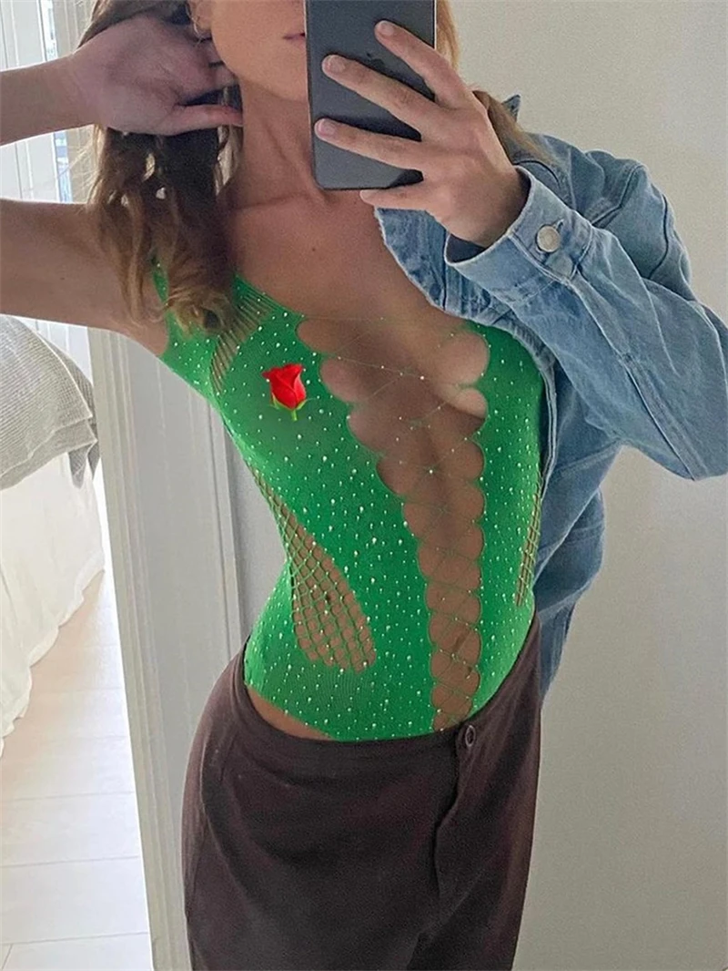 See Through Sparkly Mesh Bodysuit Women Long Sleeve Rhinestone Body Tops Hot Drill Female Party Nightclub Sexy Lingerie
