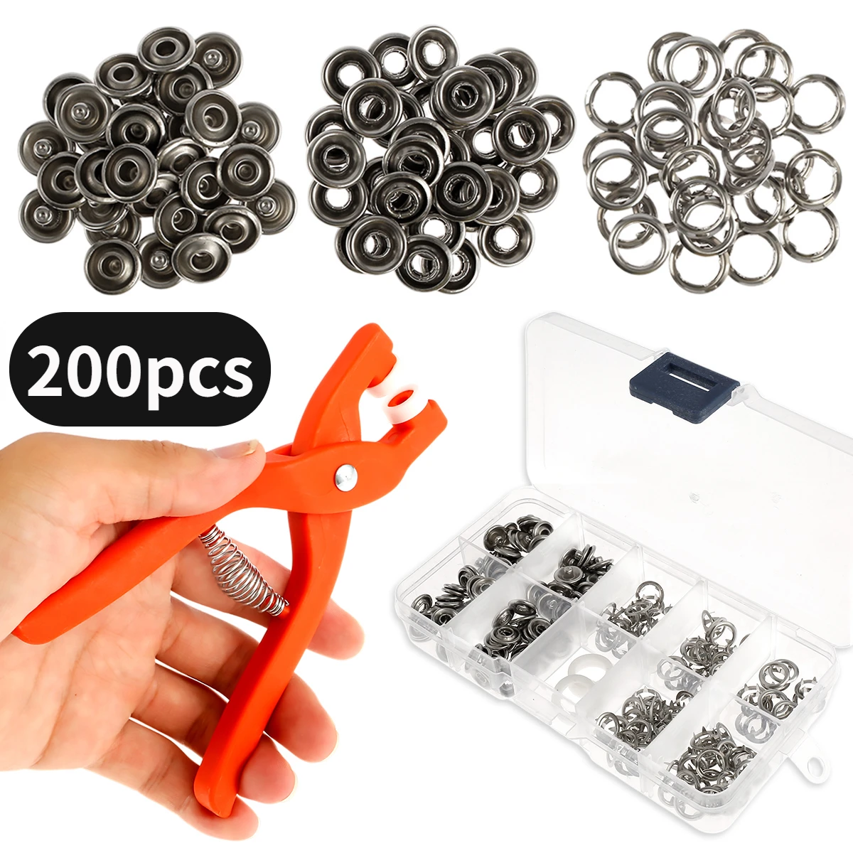 200pcsSnapButtonKitwithPliersMetalPressStudsToolKitStainless