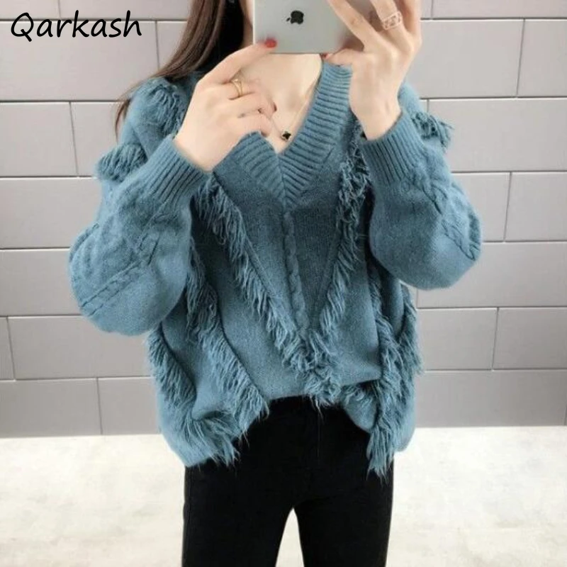 

Pullovers Women Casual Lazy Simple Korean Fashion Fur-lined V-neck Chic Vintage Sweaters Knitted 3XL Autumn Pure Color Loose Ins