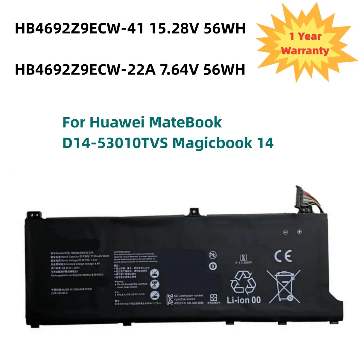 

HB4692Z9ECW-41 Battery For Huawei MateBook D14-53010TVS Magicbook 14 HB4692Z9ECW-22A NBB-WAH9P NBL-WAQ9H WFH9 WFQ9