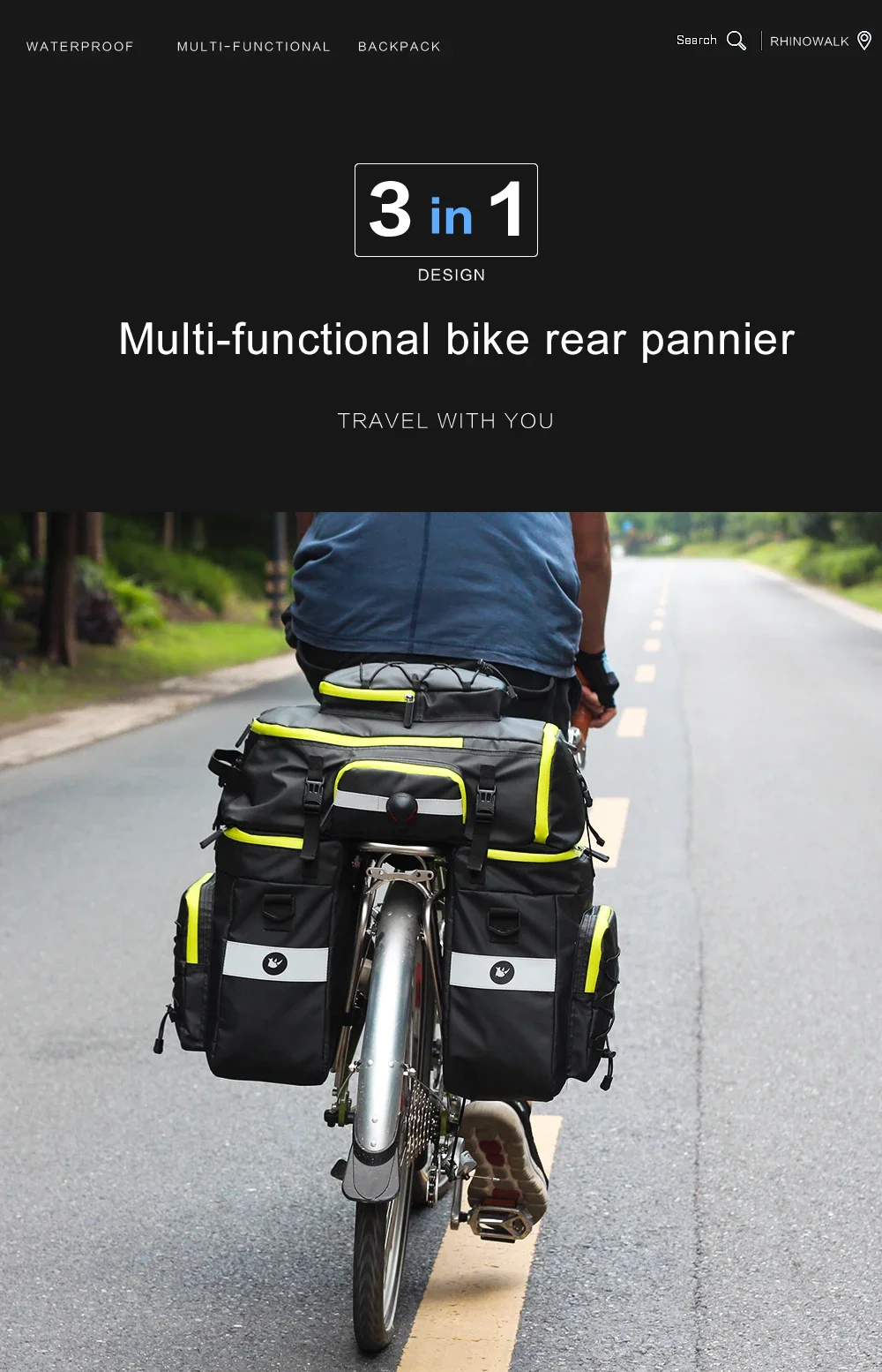 Description Picture 2 of itemRhinowalk Bike Pannier Bag 3 in 1 65L Big Capacity with Rain Cover Cycling Rear Rack Seat Trunk Bag for Mtb&Road Folding Bicycle