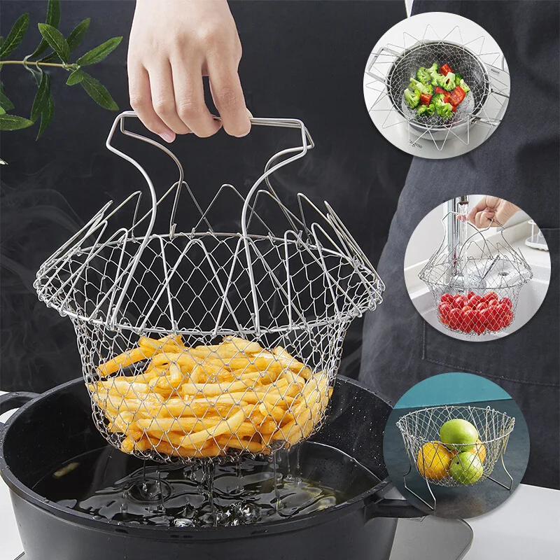 Colanders Folding Frying Basket Stainless Steel Filter Fryer Leak Net
