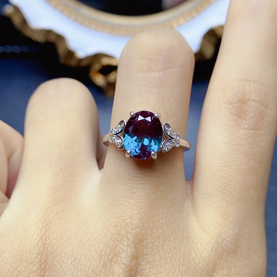 Silvershake Simulated Alexandrite Sterling Silver Leaf Ring - Color Change Gemstone From Green To Red | 925 Silver Filigree Design