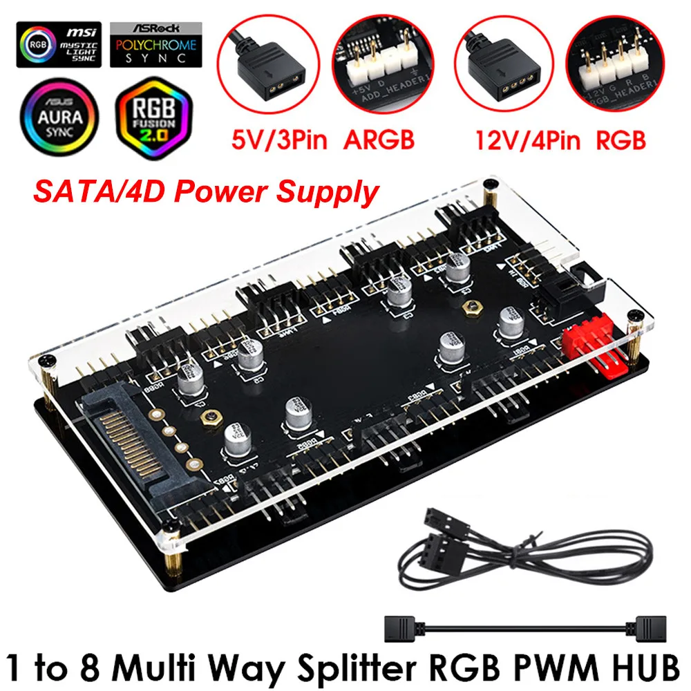 12V/4Pin RGB 5V/3Pin ARGB 팬 PWM 허브 1  8 멀티 웨이 스플..