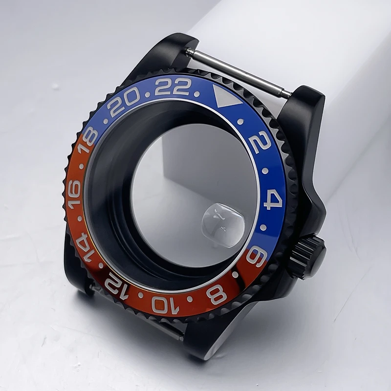 All-Black Sub Style Watch Case with Rubber Strap and Sapphire Crystal